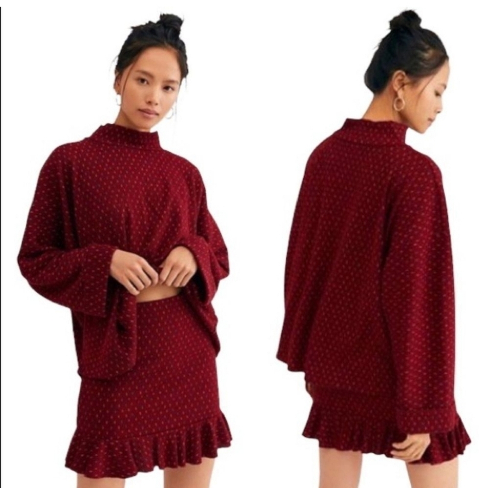 NWT Free People Set The Mood Womens Knit 2pc Skirt Outfit Copper Combo Sz L